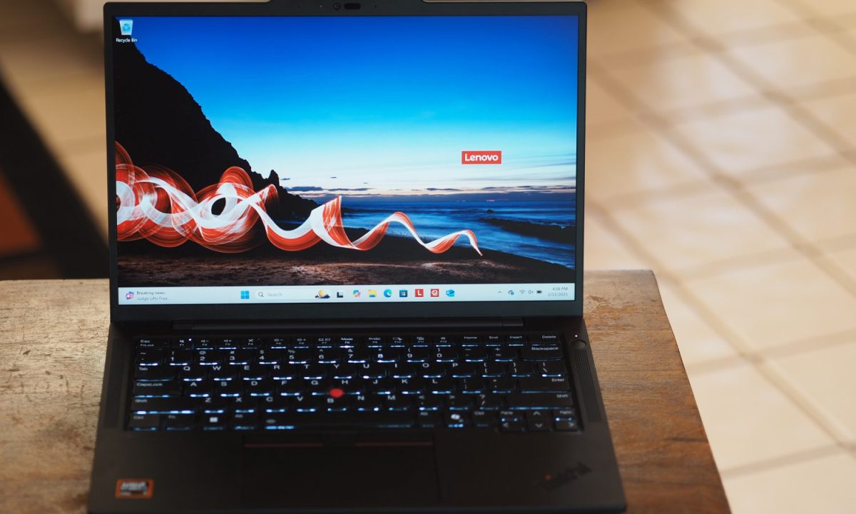 Lenovo ThinkPad T14s Gen 6 front view showing keyboard and touchpad.
