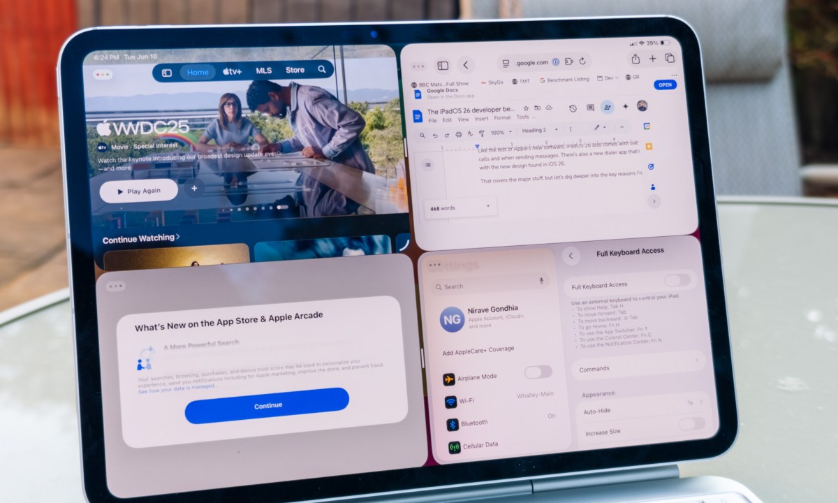 4 windows open multitasking on the iPad Pro M4 11 running iPadOS 26 developer beta 1