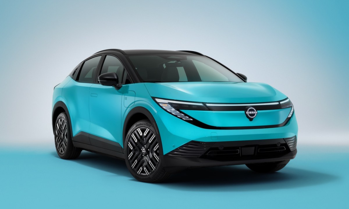 2026 Nissan Leaf front quarter view, studio background.